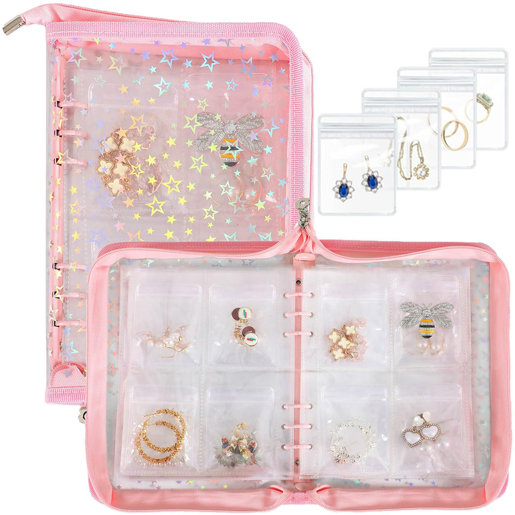 SUBGIU Jewelry Organizer Case Travel Clear Earring Organizer Case Transparent Jewelry Storage Book with Clear Zippered Jewelry Pouch (Pink With 80 Pcs small Jewelry Pouches)